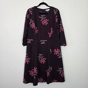 Boden Ponte Dress Womens 16R Purple Pink Floral 3/4 Sleeve Fit Flare New